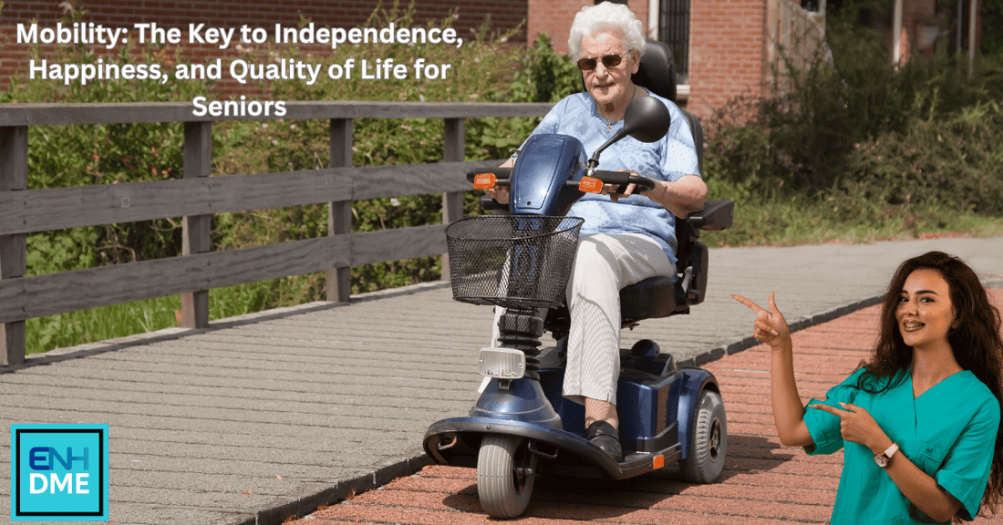 happy senior driving her scooter outdoors