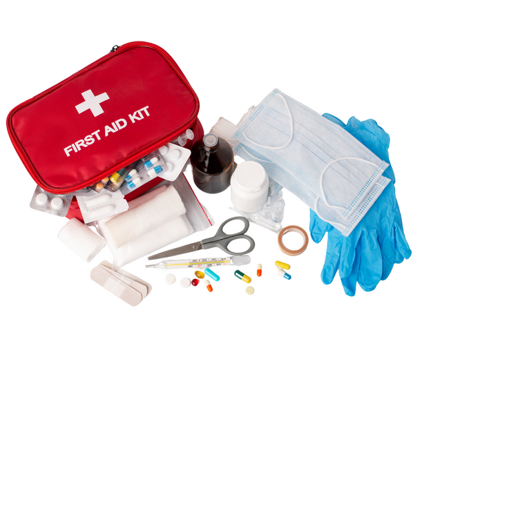 First Aid kit with gloves and assorted items