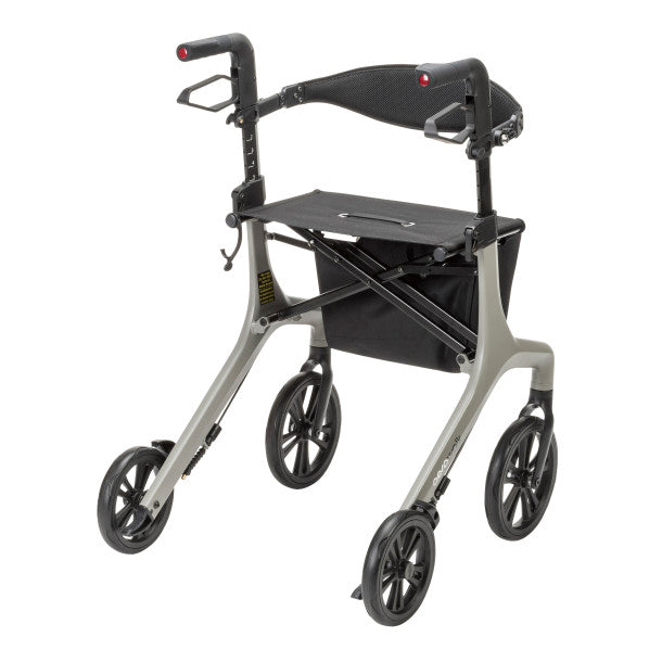 Gray and black rollator walker on a white background