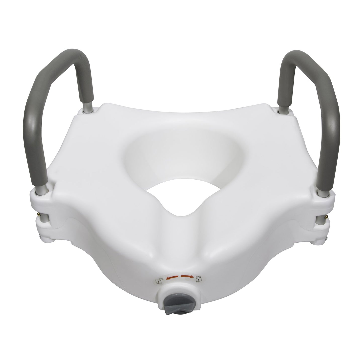 White toilet seat with gray handles on a white background