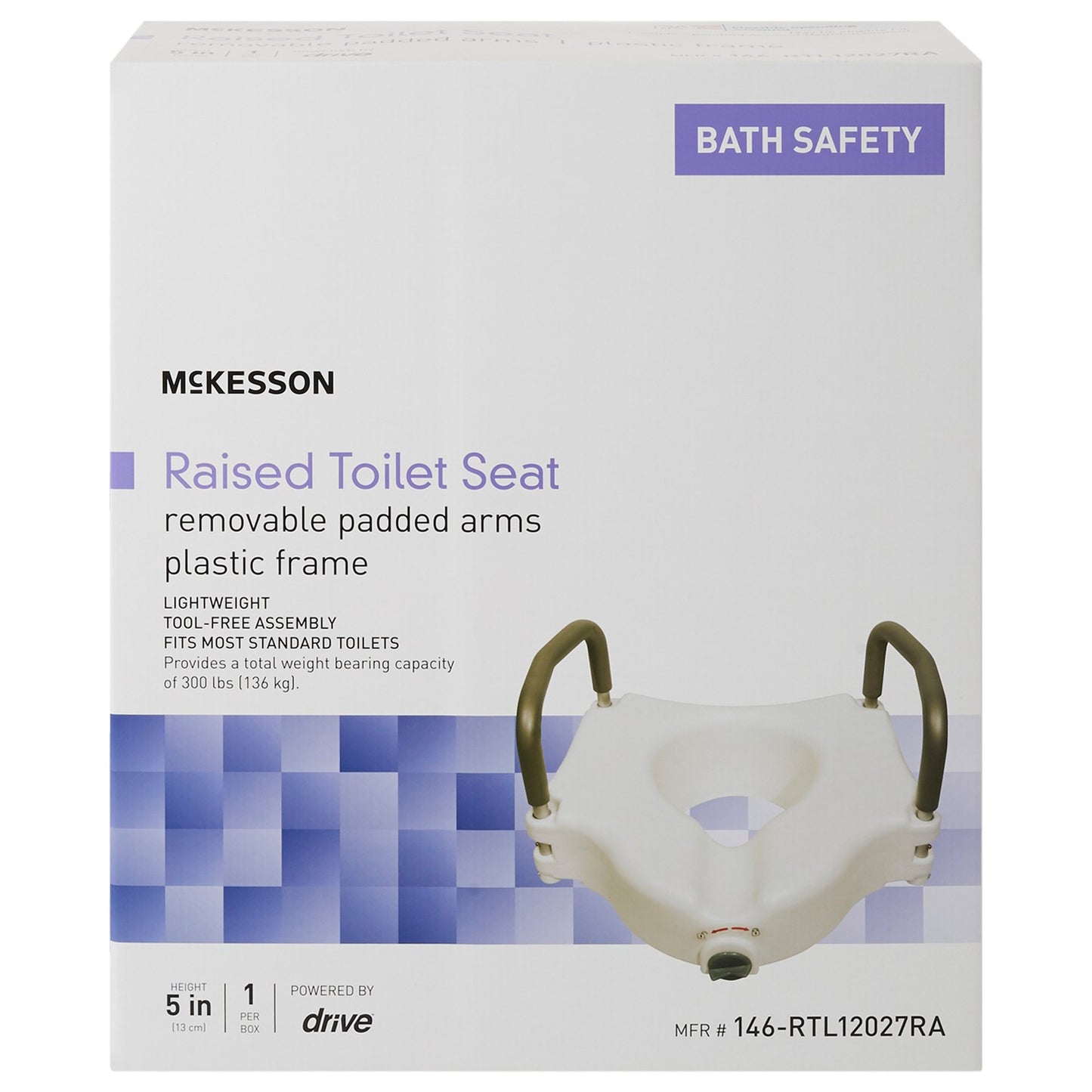 Box of McKesson raised toilet seat with removable padded arms on a white background