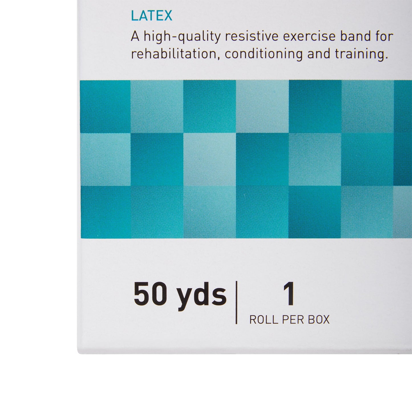 Box of a high-quality resistive exercise band for rehabilitation, conditioning, and training with blue checkered pattern.