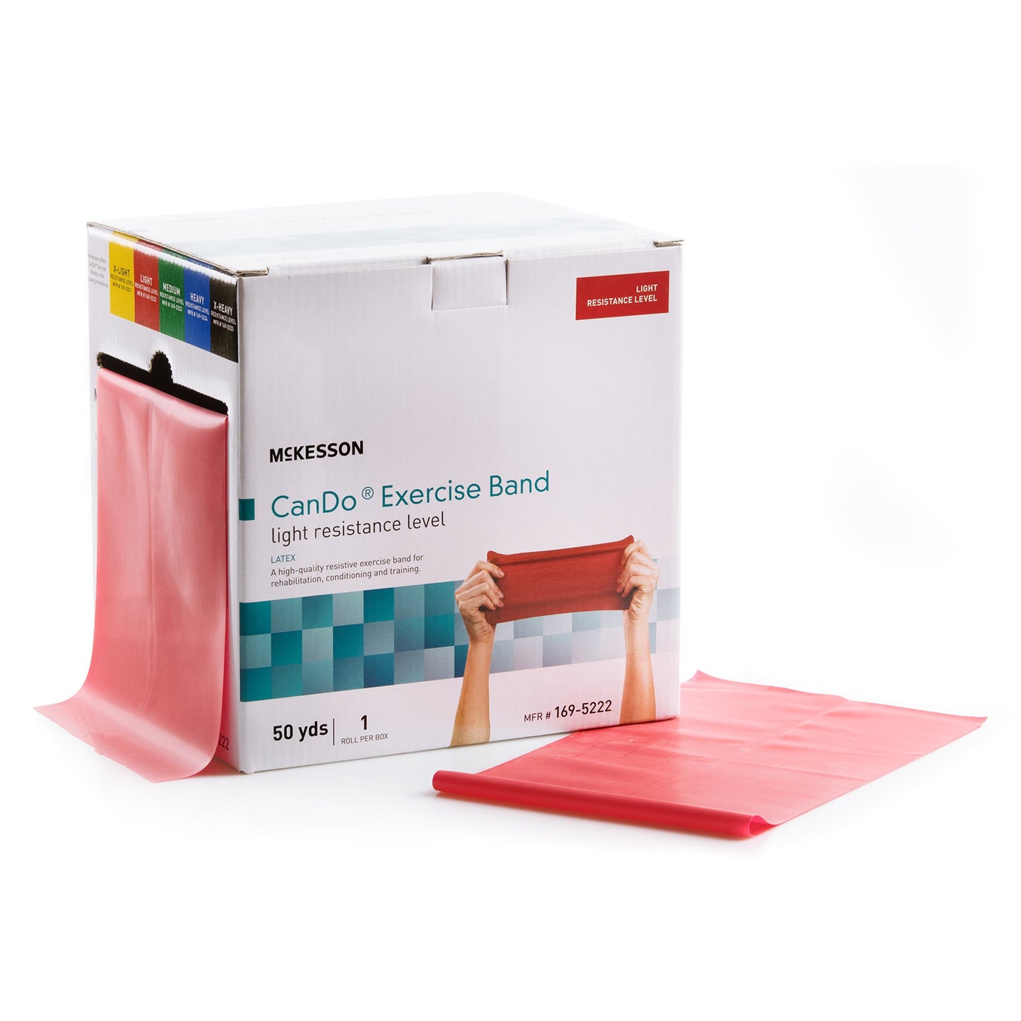 Red exercise band with Mckesson branded packaging on a white background