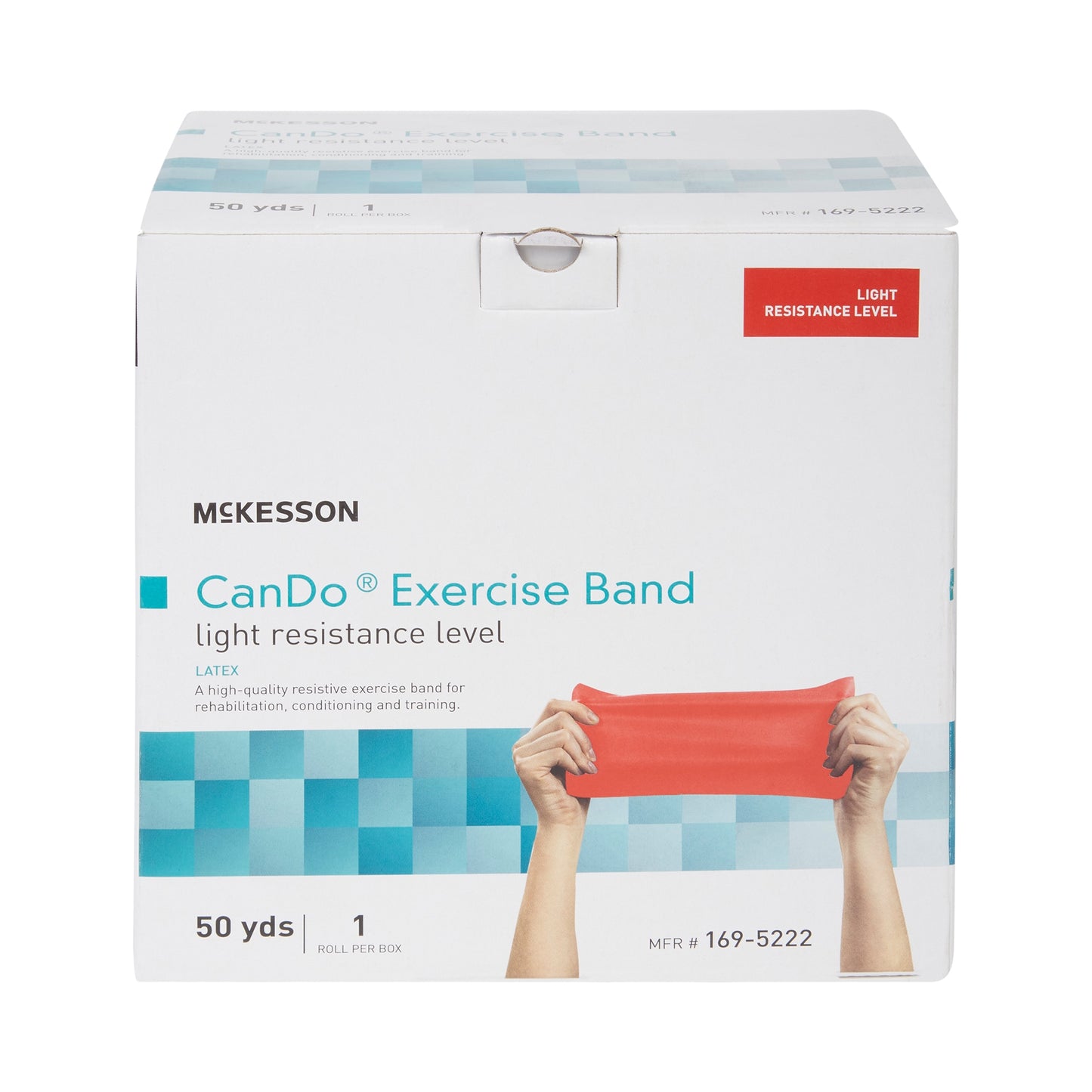 Box of Mckesson CanDo exercise band with a red band and hands holding it on a white background