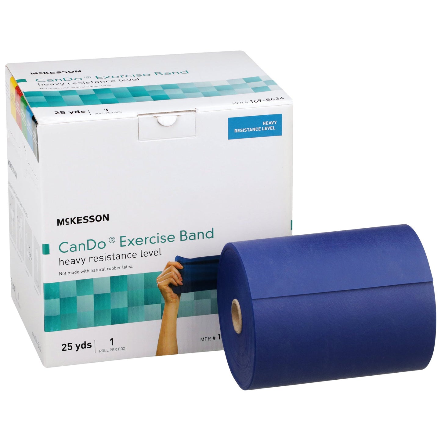 Blue exercise band with Mckesson packaging on a white background