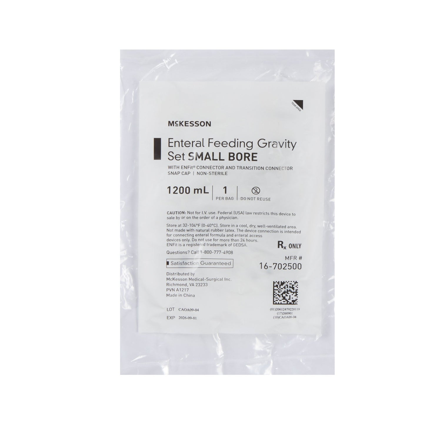 Gravity Feeding Bag Set with ENFit Connector McKesson 1200 mL