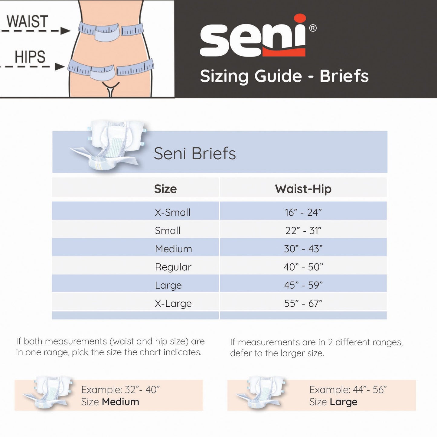 Seni Briefs sizing guide with measurement chart and brand logo.