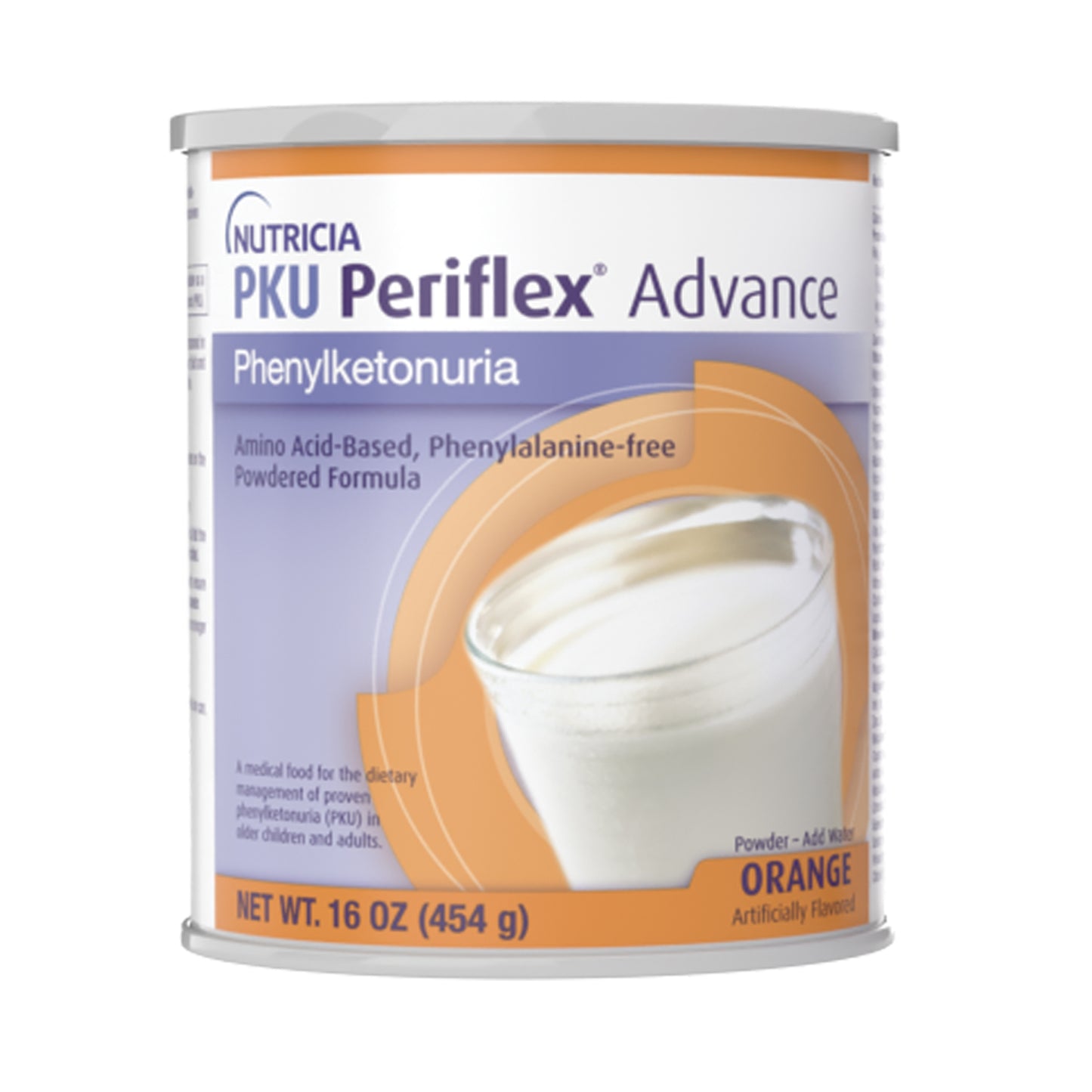 Can of Nutricia PKU Periflex Advance powder on a white background