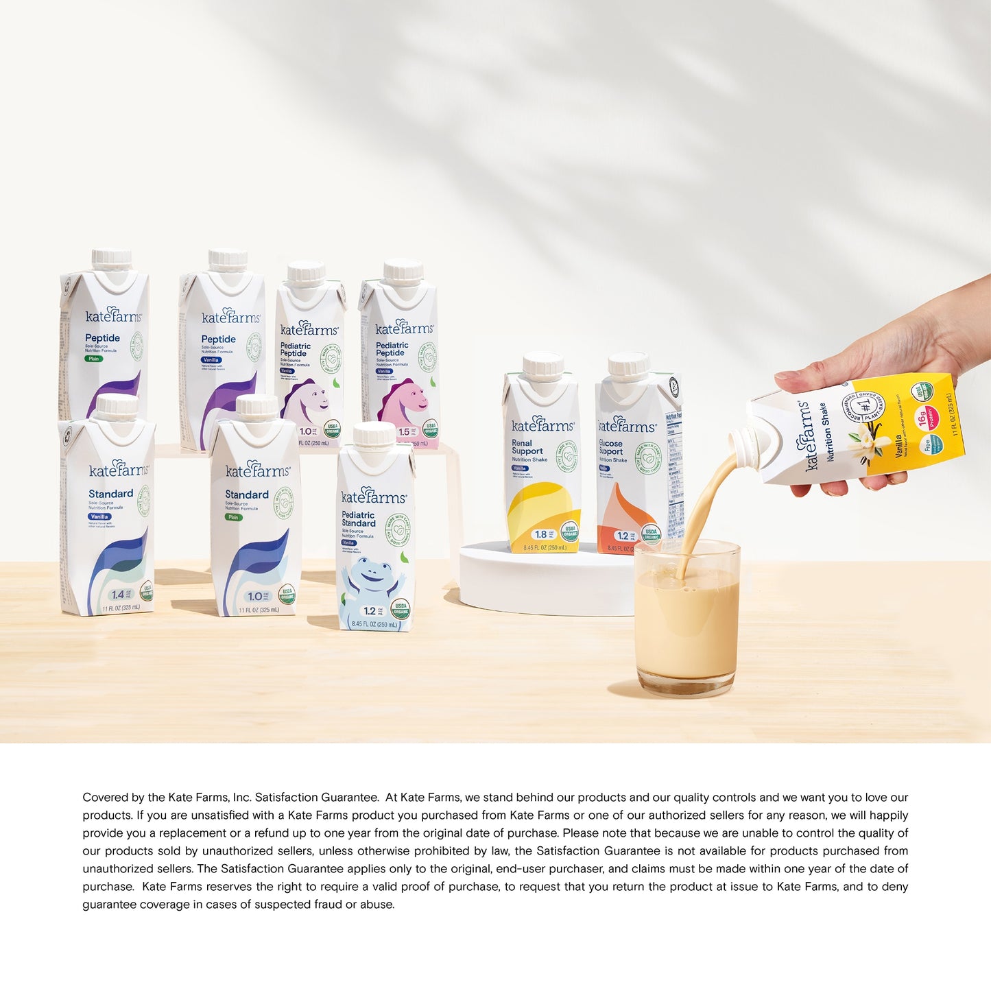 Kane Farms milk cartons on a white background with a hand pouring milk into a glass.