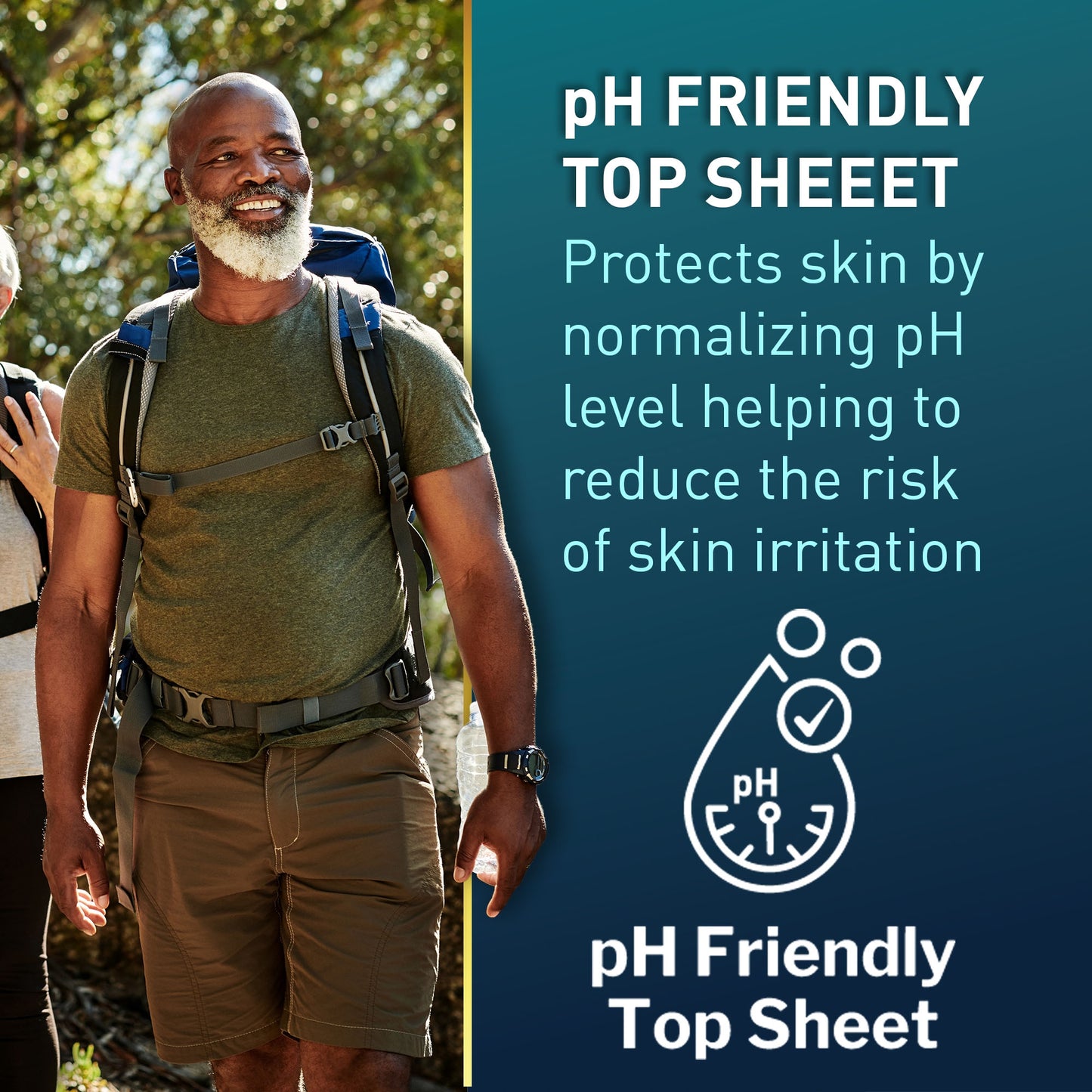 Man hiking with a backpack, featuring text about pH Friendly Top Sheet on a blue background.