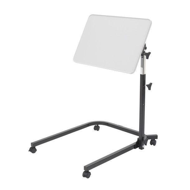 Adjustable standing desk with white surface on a white background