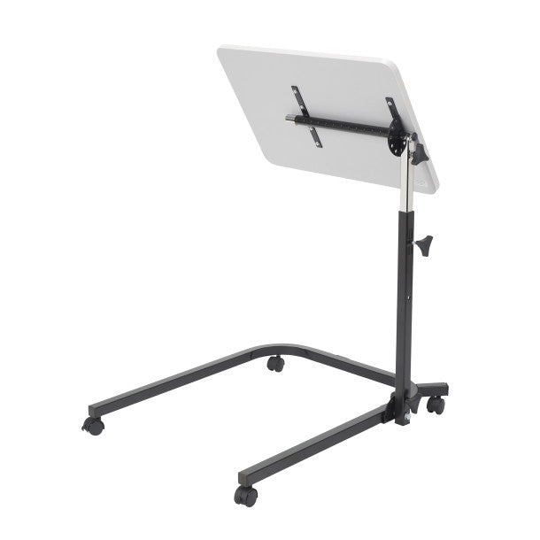 Adjustable standing desk with a white surface on a white background