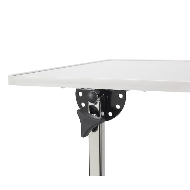 White table with a black metal leg and clamp on a white background