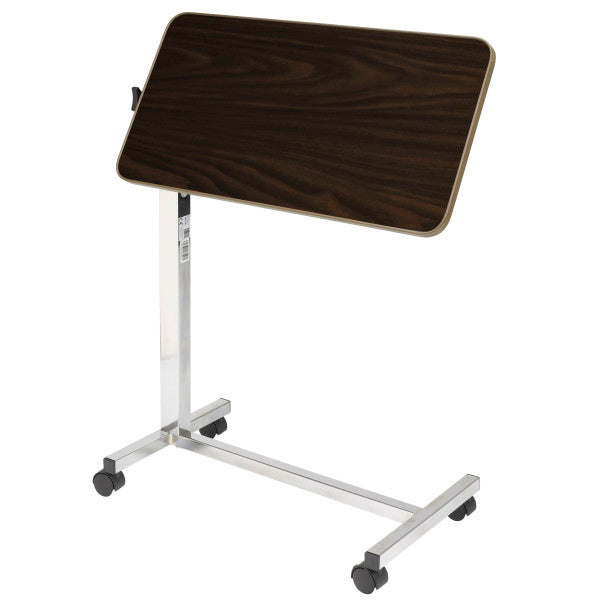 Adjustable height table with a dark wooden top on a white background