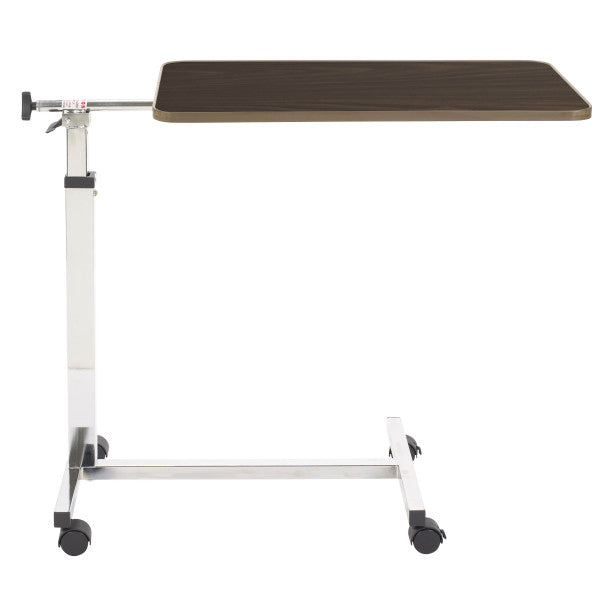 Adjustable overbed table with a dark surface on a white background
