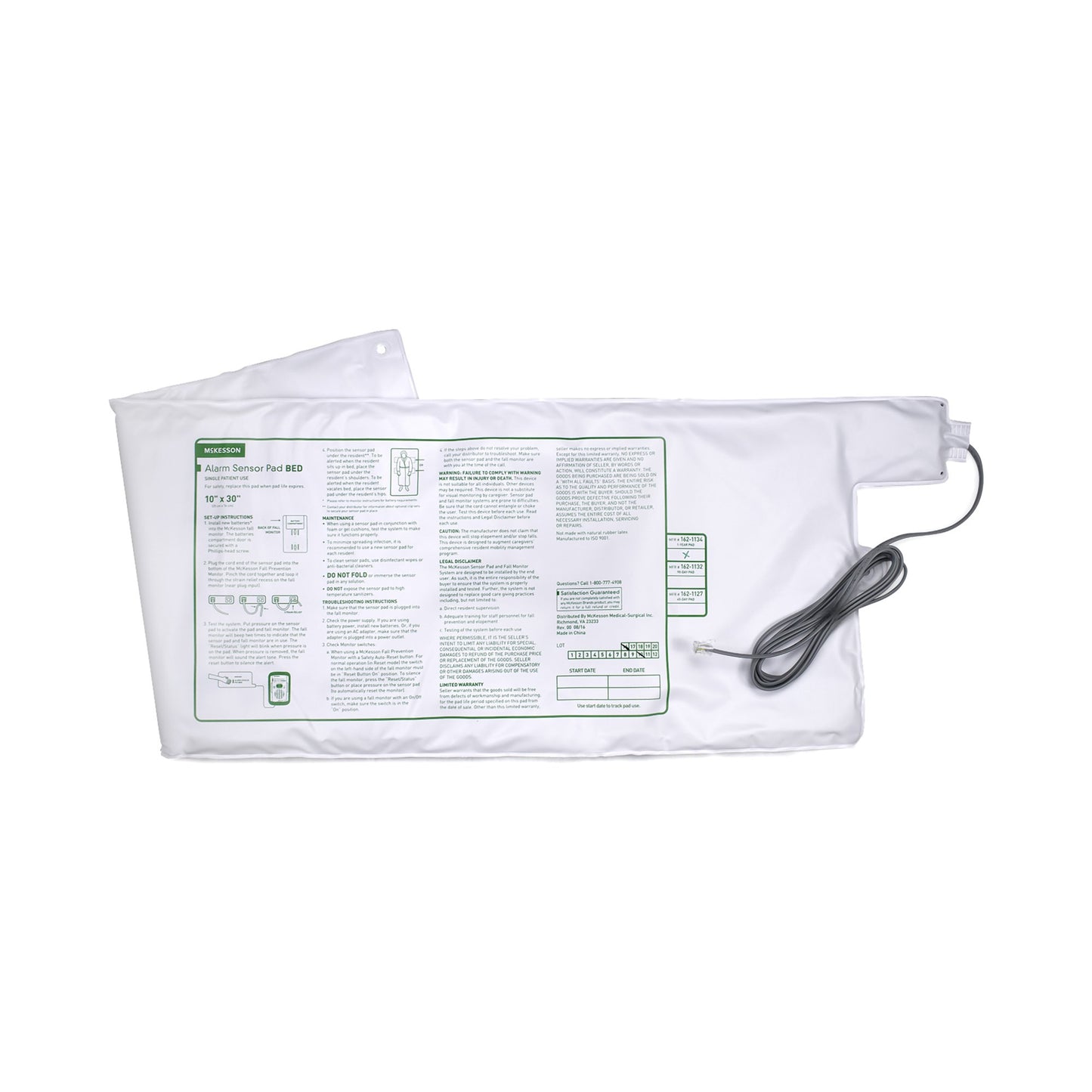 White bed sensor pad with a cable on a white background