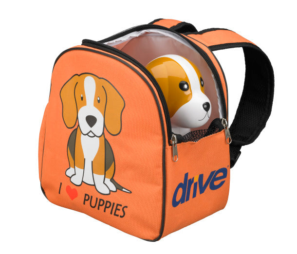 Orange pet carrier with a dog illustration and 'I love puppies' text on a white background
