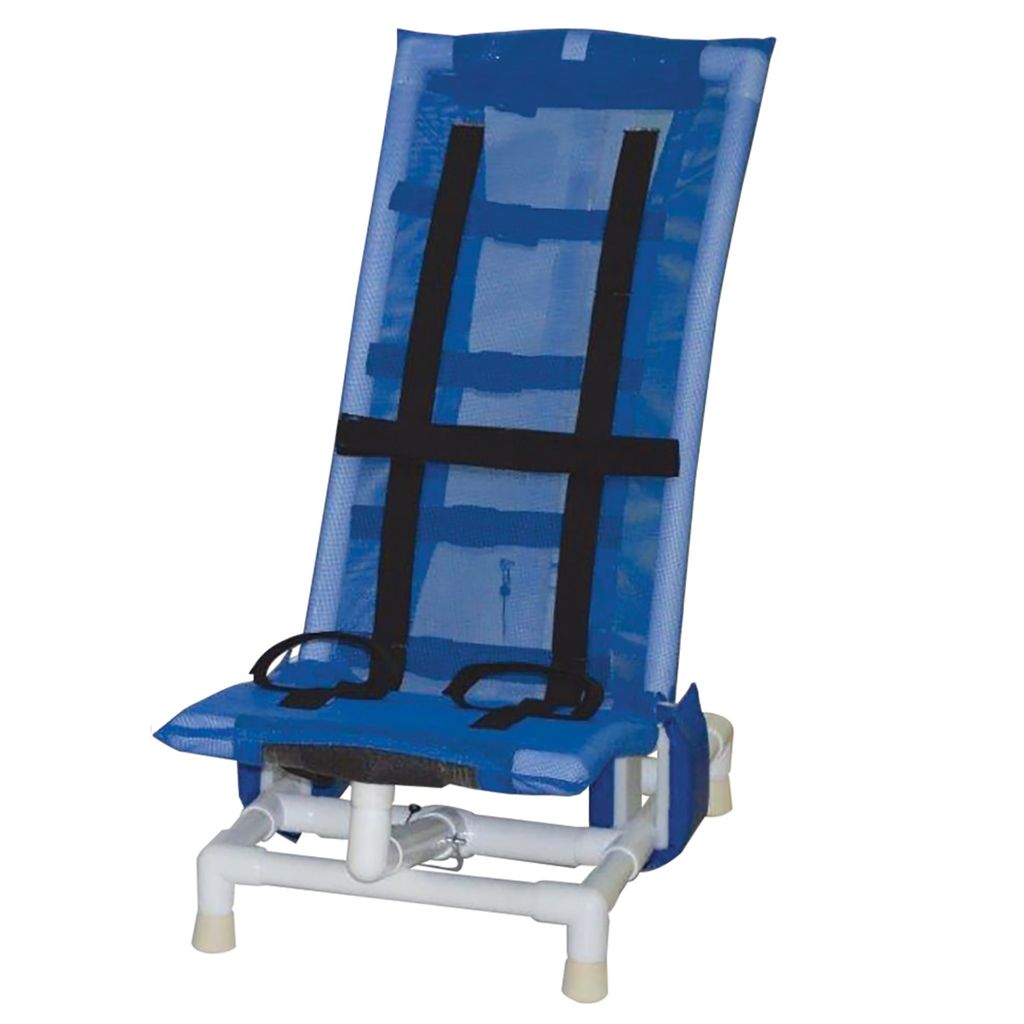 Blue and white pool lounge chair with black straps on a white background