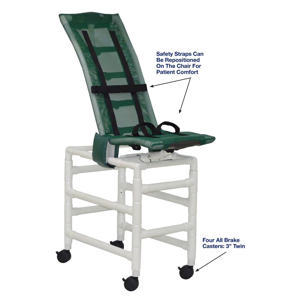 Green patient lift chair with safety straps on a white background