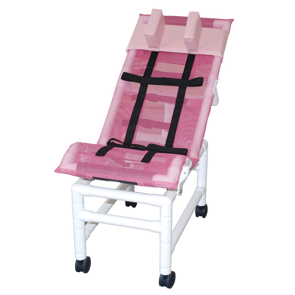 Pink bath chair with black straps on a white background