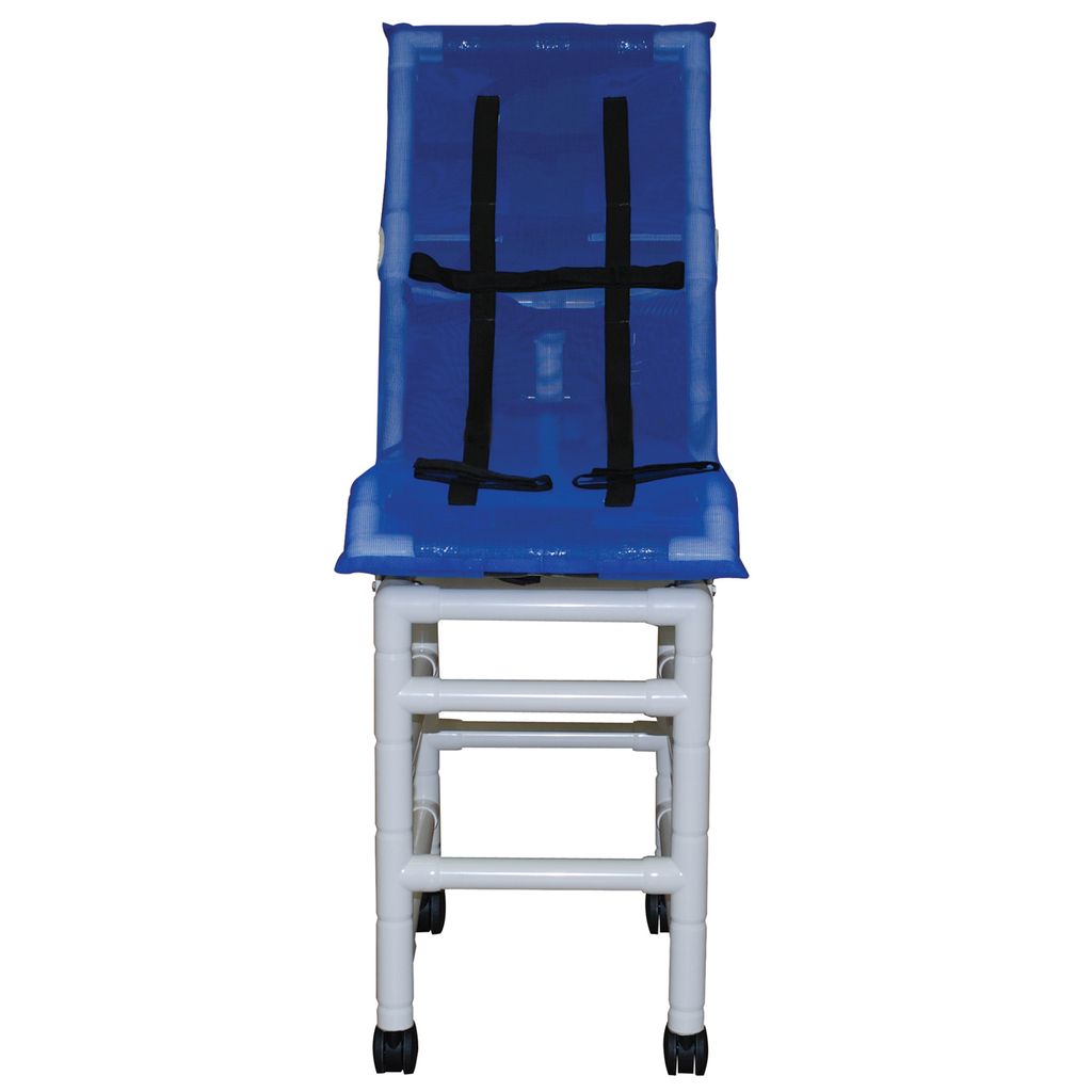 White chair with a blue cushion and black straps on a white background