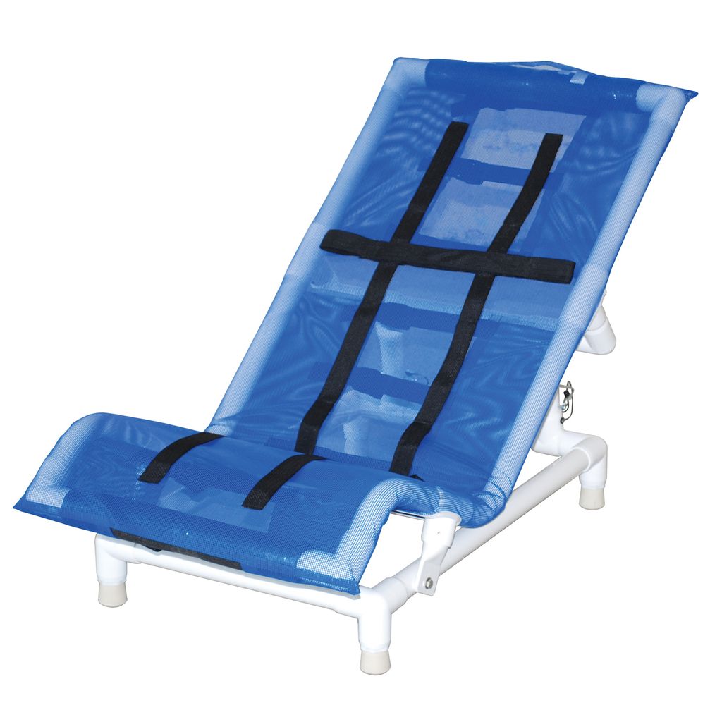Blue lounge chair with black straps on a white background
