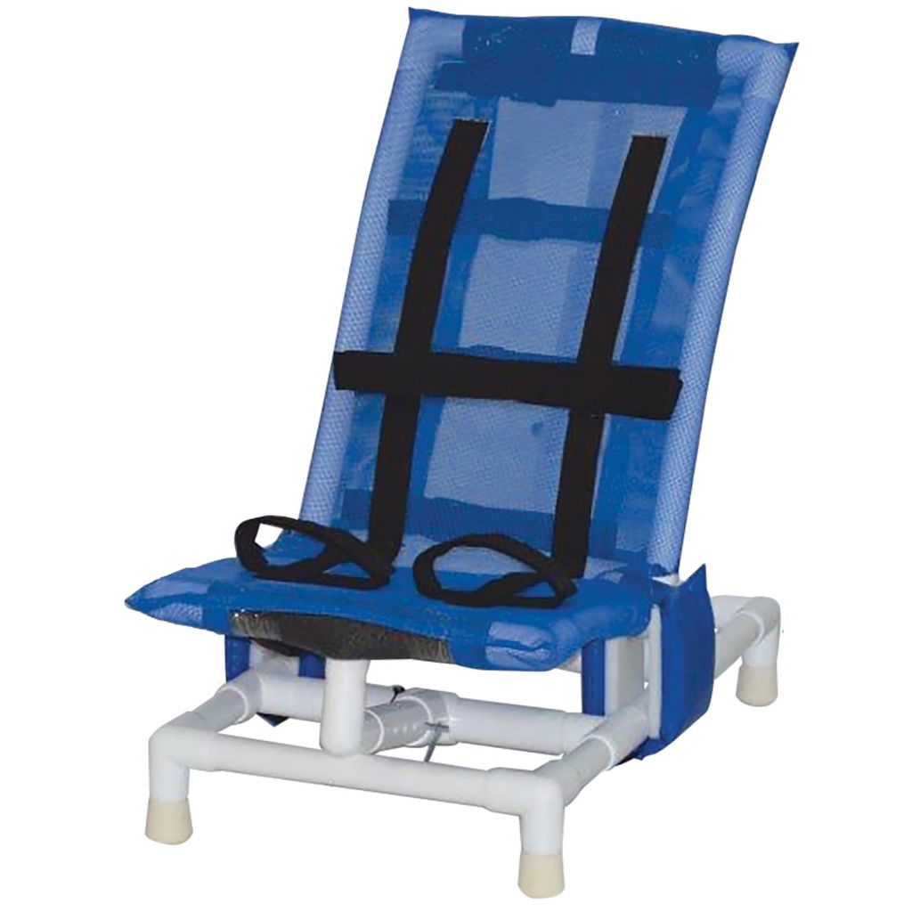Blue and white pool lounge chair with black straps on a white background