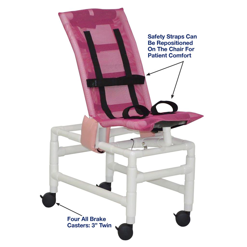Pink patient transfer chair with safety straps and caster details on a white background