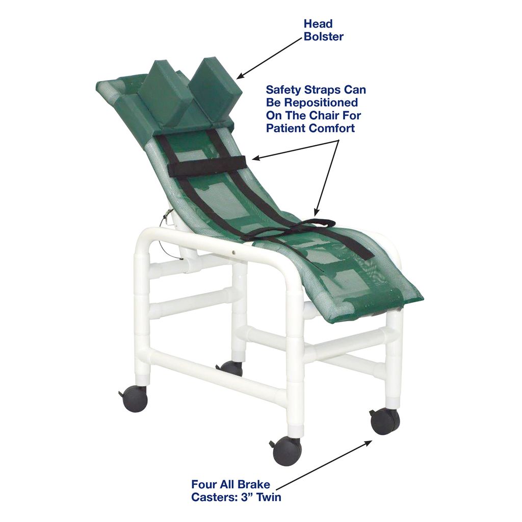 Green patient chair with safety straps and labeled features on a white background