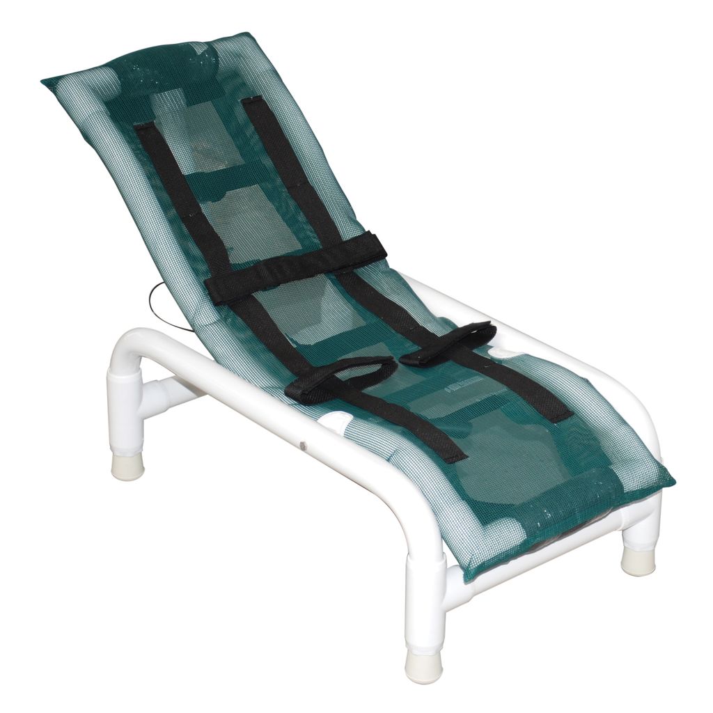 White lounge chair with green mesh backrest and black straps on a white background