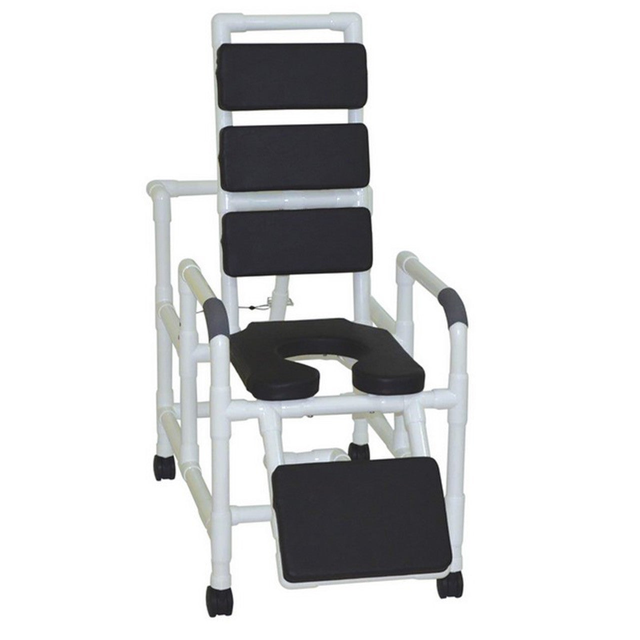 Medical shower chair with black seats and footrest on a white background