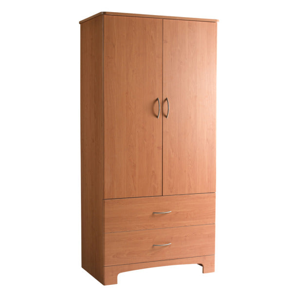 Wooden wardrobe with two doors and three drawers on a white background