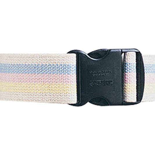 Striped belt with a black buckle on a white background
