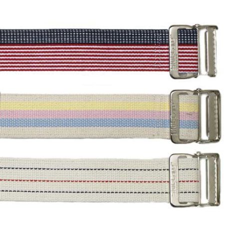 Three striped gait belts with metal buckles on a white background