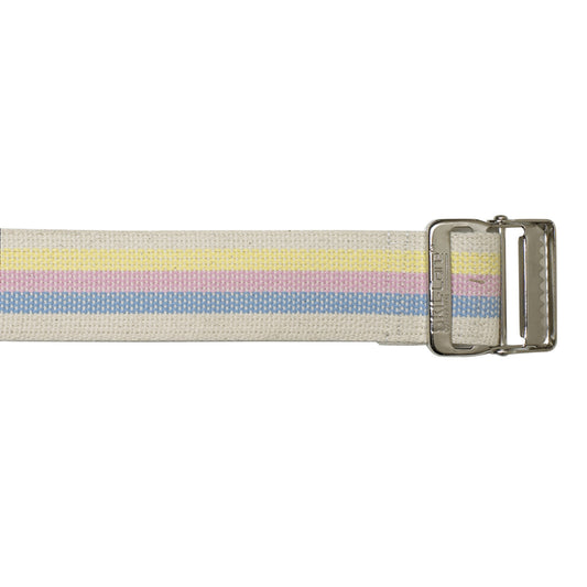 Woven gait belt with a metal buckle on a white background