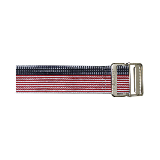 Woven belt with red, white, and blue stripes and a silver buckle on a white background
