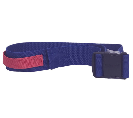 Blue gait belt with a red strap and black buckle on a white background