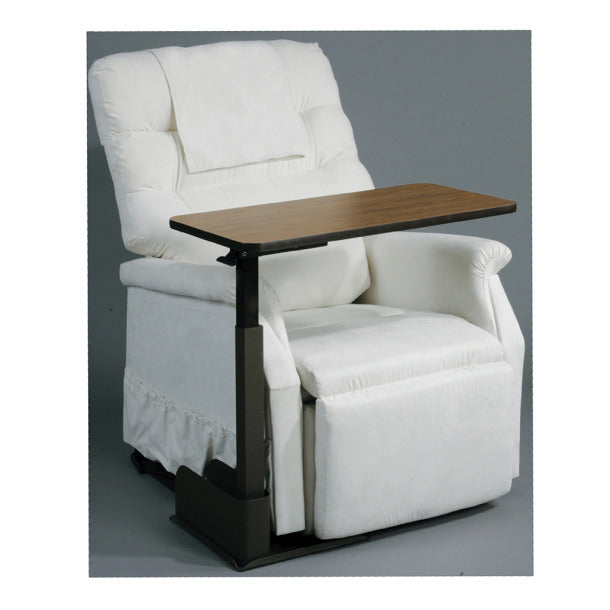 White recliner chair with a wooden tray table on a gray background