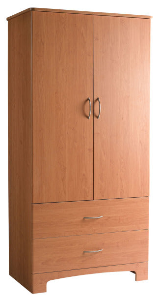 Wooden wardrobe with two doors and two drawers on a white background