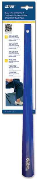 Blue shoe horn with packaging on a white background