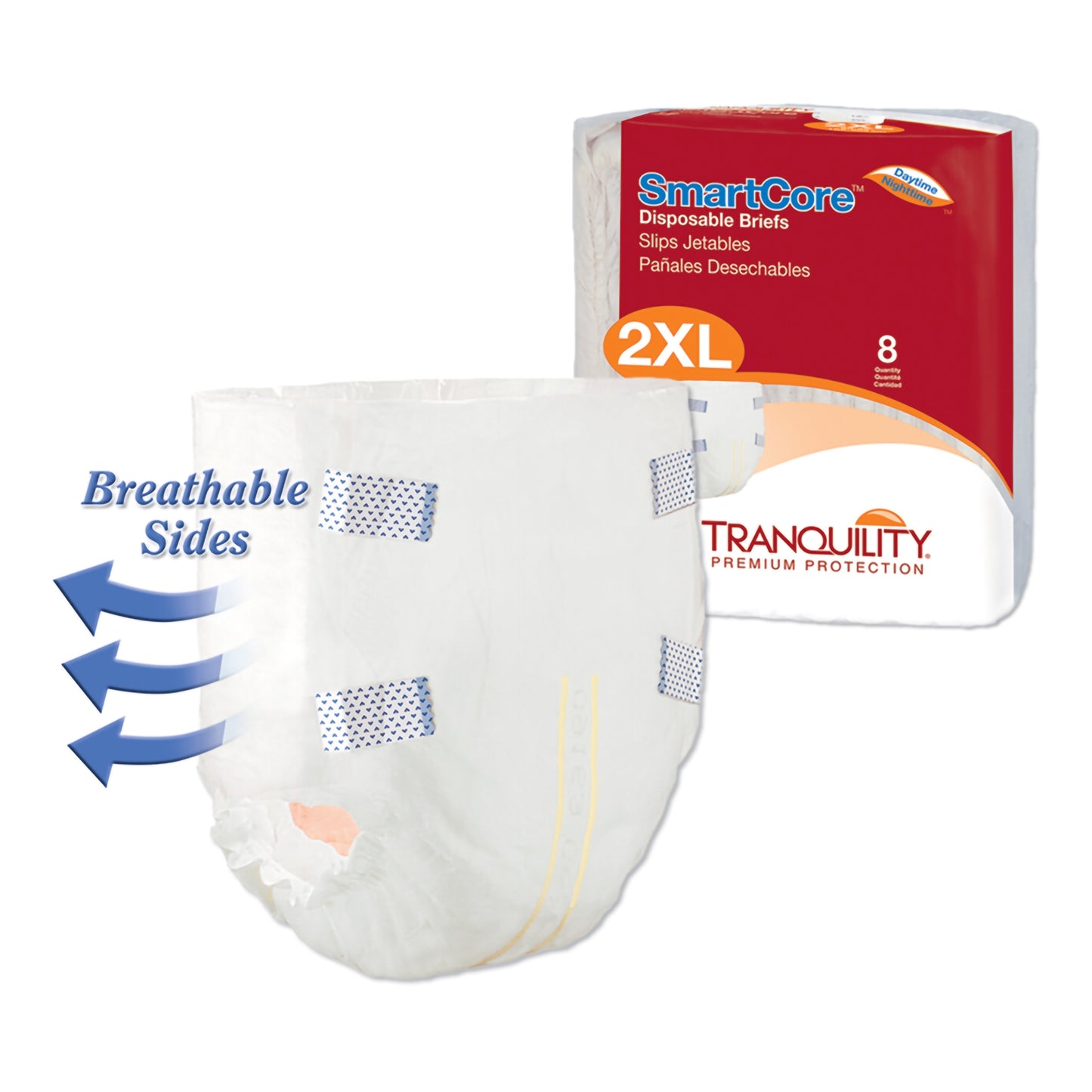Disposable briefs with breathable sides and SmartCore packaging on a white background