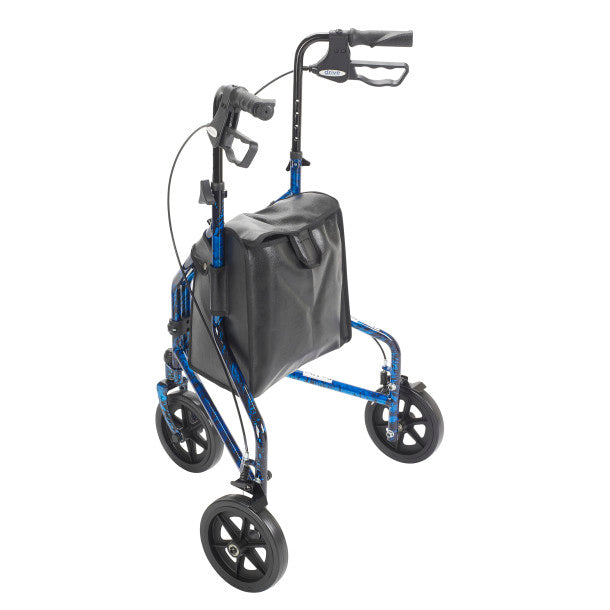 Blue and black walker with a bag on a white background