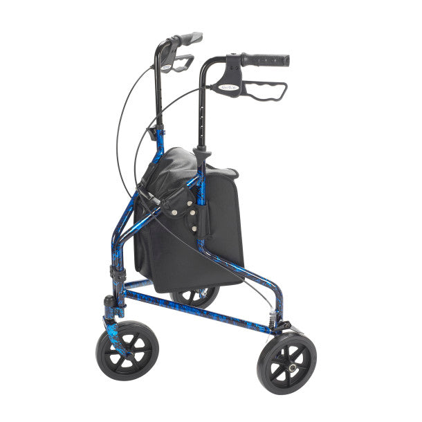 Rollator with blue frame and black wheels on a white background