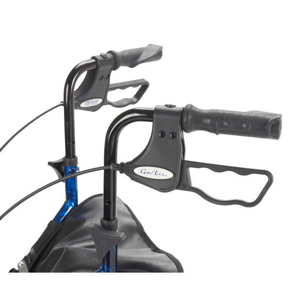 Bicycle handlebar with black grips and blue frame on a white background
