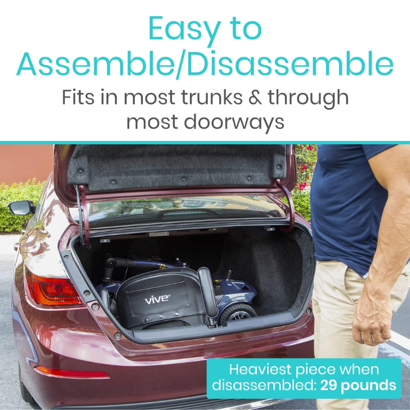 Car trunk with a portable device, text about assembly and weight, and a person in a blue shirt.