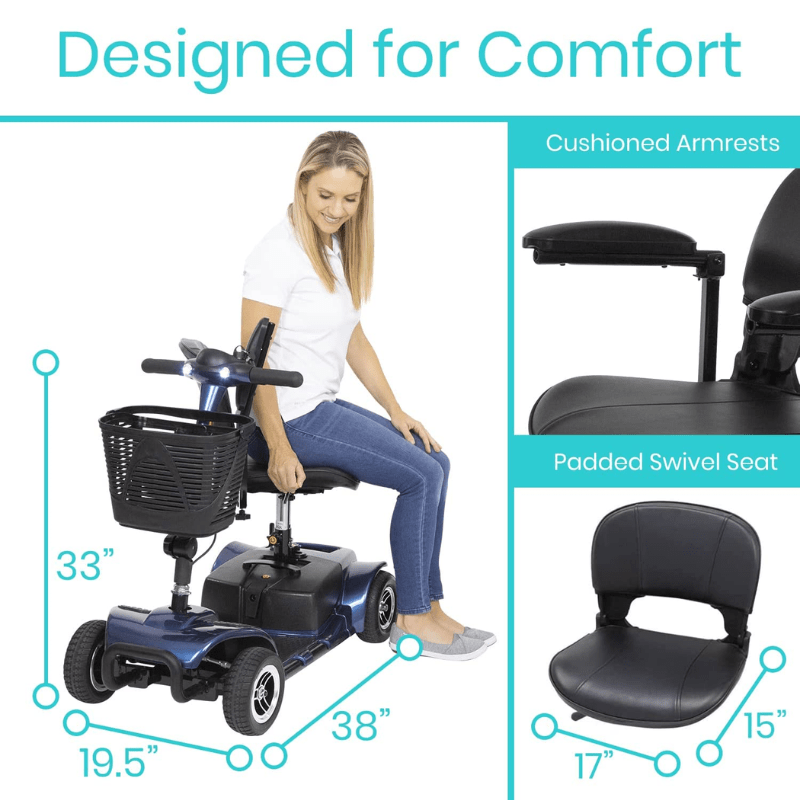 Mobility scooter with measurements and comfort features highlighted