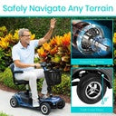 Man using a mobility scooter with text 'Safely Navigate Any Terrain!' and images of scooter wheels.
