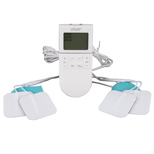 Electrotherapy device with control panel and electrodes on a white background