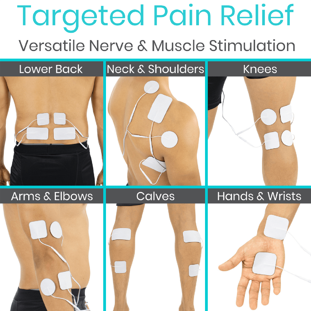 Targeted pain relief with nerve and muscle stimulation on various body parts.