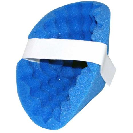 Blue foam heel protector with a white band on a white background